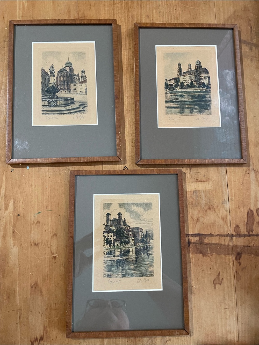 Vintage Framed Cityscape Original Watercolors- Set of 3 (Gray Mats, Wood Frames)